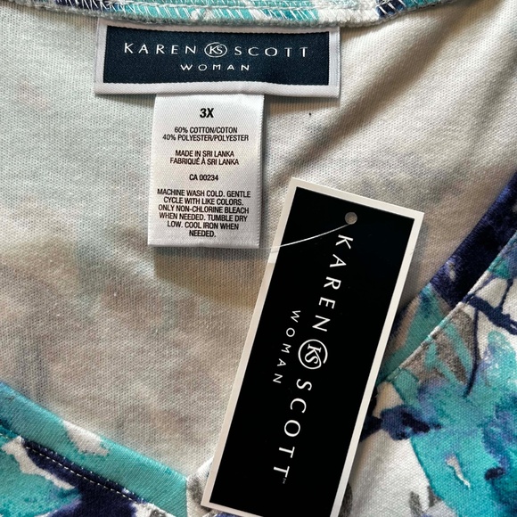 TOP, COTTON BLEND, BLUE/TURQUOISE/GREY, SIZE 3X, ROUND NECK, LONG SLEEVES, KAREN - Picture 2 of 8